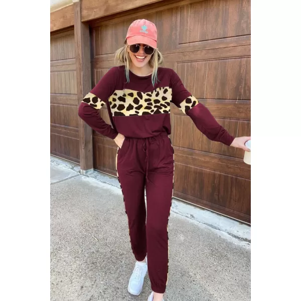 PRETTYGARDEN Womens Color Block 2 Piece Tracksuit Crewneck Long Sleeve Tops Long Sweatpants Outfits Lounge SetsLeopard Wine Red