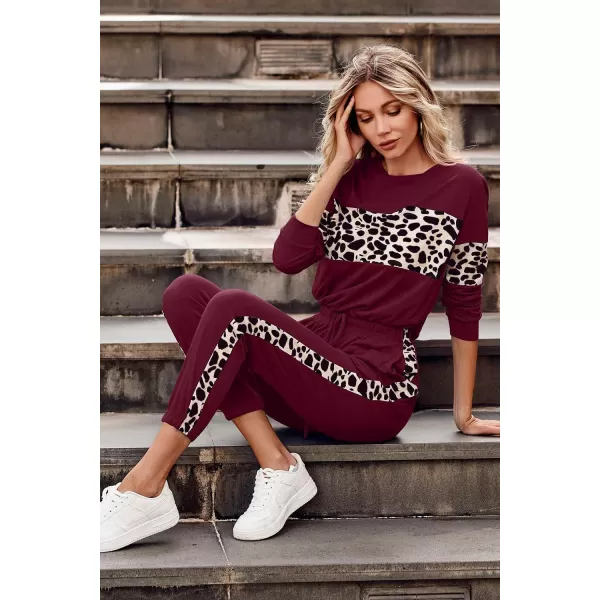PRETTYGARDEN Womens Color Block 2 Piece Tracksuit Crewneck Long Sleeve Tops Long Sweatpants Outfits Lounge SetsLeopard Wine Red