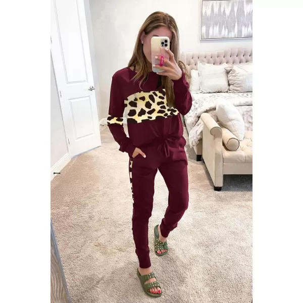 PRETTYGARDEN Womens Color Block 2 Piece Tracksuit Crewneck Long Sleeve Tops Long Sweatpants Outfits Lounge SetsLeopard Wine Red
