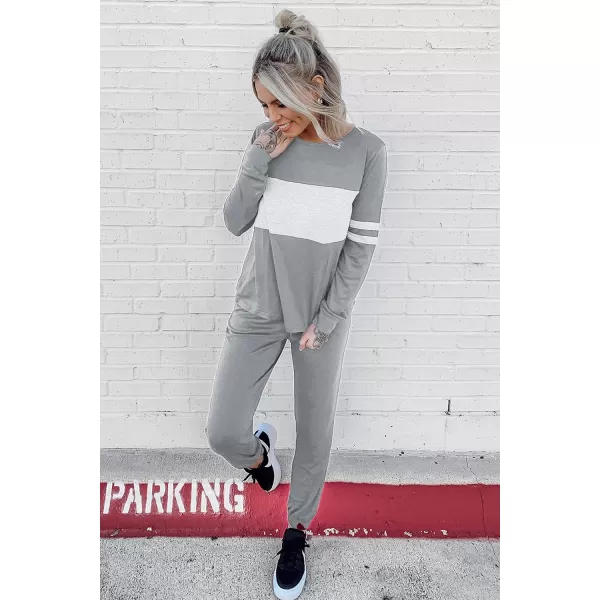 PRETTYGARDEN Womens Color Block 2 Piece Tracksuit Crewneck Long Sleeve Tops Long Sweatpants Outfits Lounge SetsLight Grey