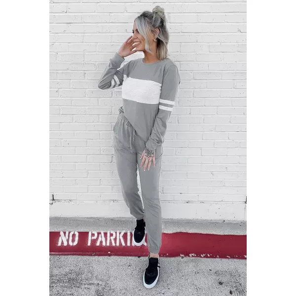PRETTYGARDEN Womens Color Block 2 Piece Tracksuit Crewneck Long Sleeve Tops Long Sweatpants Outfits Lounge SetsLight Grey