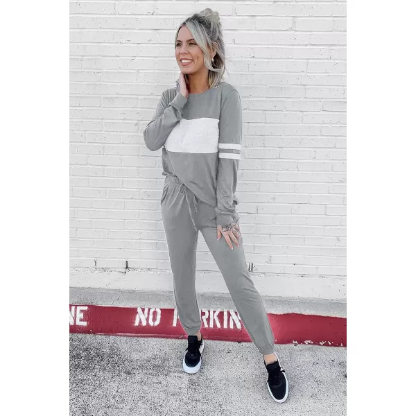 PRETTYGARDEN Womens Color Block 2 Piece Tracksuit Crewneck Long Sleeve Tops Long Sweatpants Outfits Lounge SetsLight Grey