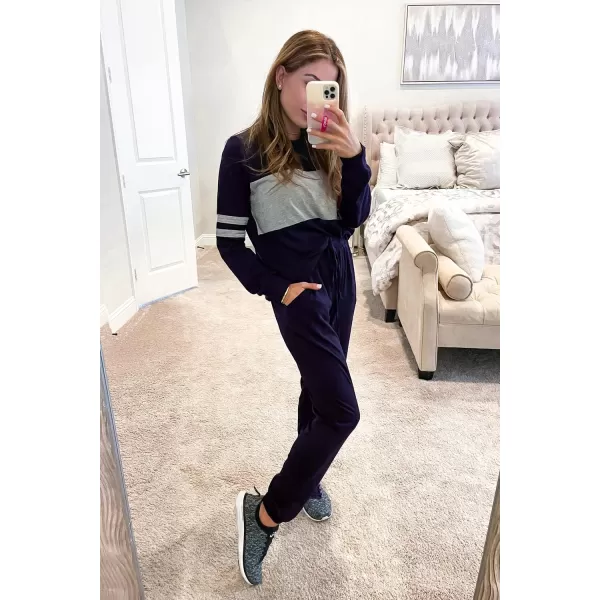 PRETTYGARDEN Womens Color Block 2 Piece Tracksuit Crewneck Long Sleeve Tops Long Sweatpants Outfits Lounge SetsNavy