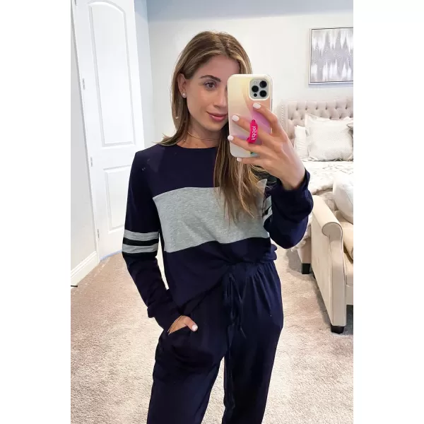 PRETTYGARDEN Womens Color Block 2 Piece Tracksuit Crewneck Long Sleeve Tops Long Sweatpants Outfits Lounge SetsNavy