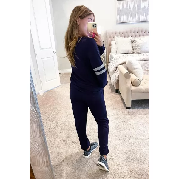 PRETTYGARDEN Womens Color Block 2 Piece Tracksuit Crewneck Long Sleeve Tops Long Sweatpants Outfits Lounge SetsNavy