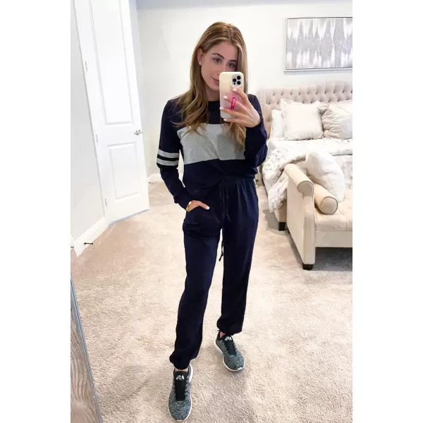 PRETTYGARDEN Womens Color Block 2 Piece Tracksuit Crewneck Long Sleeve Tops Long Sweatpants Outfits Lounge SetsNavy