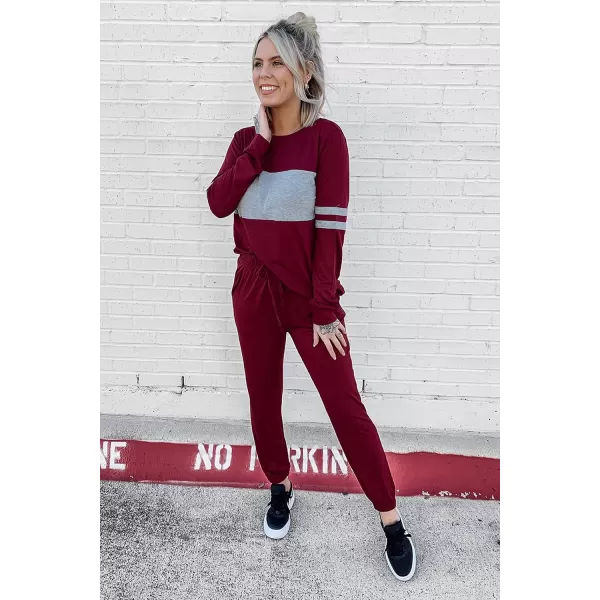 PRETTYGARDEN Womens Color Block 2 Piece Tracksuit Crewneck Long Sleeve Tops Long Sweatpants Outfits Lounge SetsWine Red