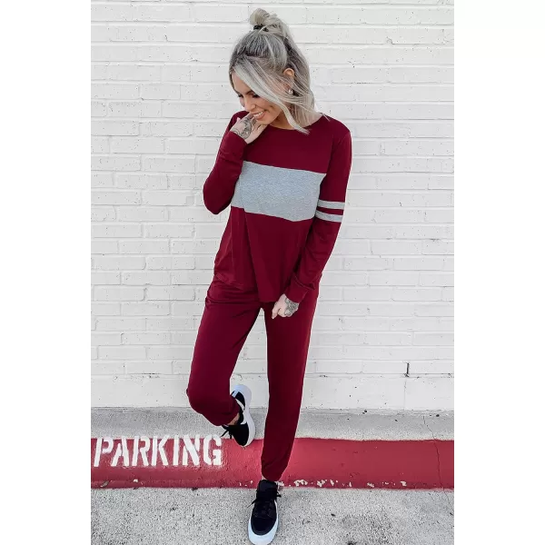 PRETTYGARDEN Womens Color Block 2 Piece Tracksuit Crewneck Long Sleeve Tops Long Sweatpants Outfits Lounge SetsWine Red
