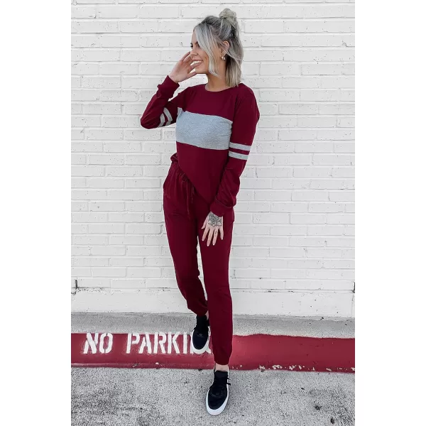 PRETTYGARDEN Womens Color Block 2 Piece Tracksuit Crewneck Long Sleeve Tops Long Sweatpants Outfits Lounge SetsWine Red