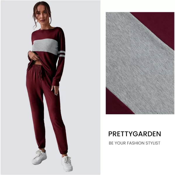 PRETTYGARDEN Womens Color Block 2 Piece Tracksuit Crewneck Long Sleeve Tops Long Sweatpants Outfits Lounge SetsWine Red
