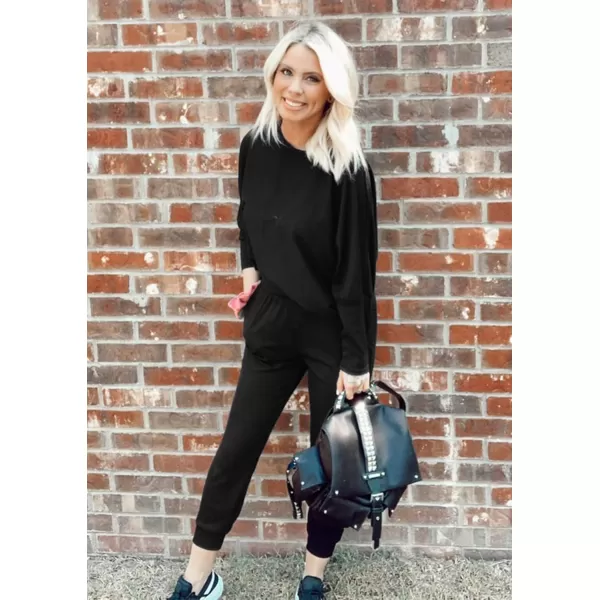 PRETTYGARDEN Womens Fashion Outfits 2 Piece Sweatsuit Solid Color Long Sleeve Pullover Long PantsBlack