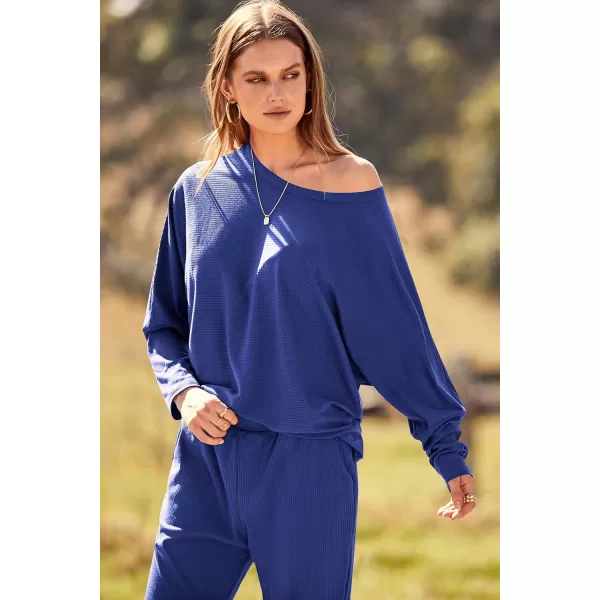 PRETTYGARDEN Womens Fashion Outfits 2 Piece Sweatsuit Solid Color Long Sleeve Pullover Long PantsBlue