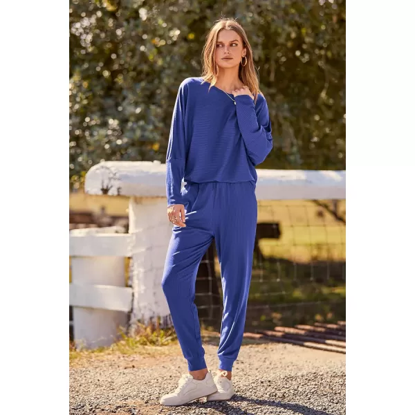 PRETTYGARDEN Womens Fashion Outfits 2 Piece Sweatsuit Solid Color Long Sleeve Pullover Long PantsBlue