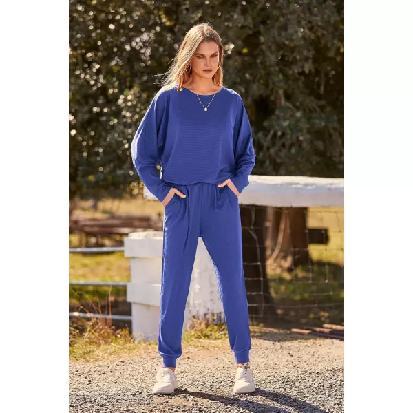 PRETTYGARDEN Womens Fashion Outfits 2 Piece Sweatsuit Solid Color Long Sleeve Pullover Long PantsBlue