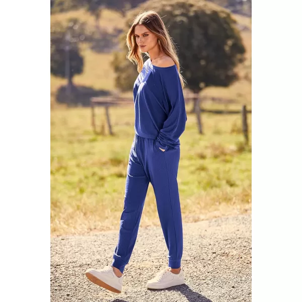 PRETTYGARDEN Womens Fashion Outfits 2 Piece Sweatsuit Solid Color Long Sleeve Pullover Long PantsBlue