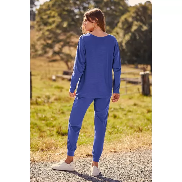 PRETTYGARDEN Womens Fashion Outfits 2 Piece Sweatsuit Solid Color Long Sleeve Pullover Long PantsBlue