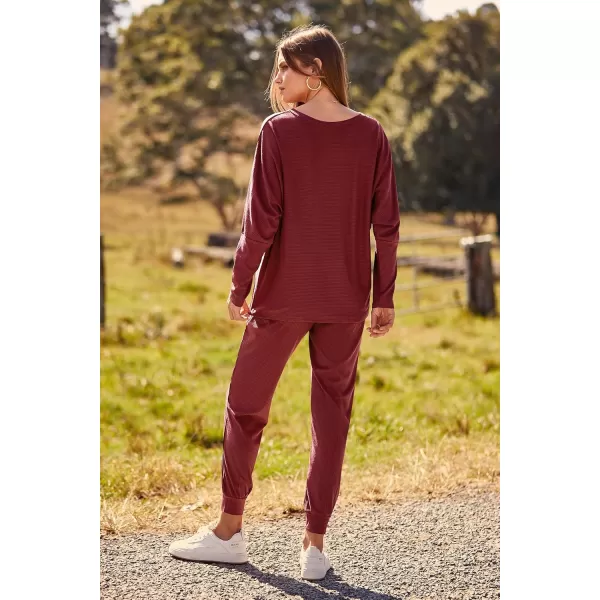 PRETTYGARDEN Womens Fashion Outfits 2 Piece Sweatsuit Solid Color Long Sleeve Pullover Long PantsBrown Red