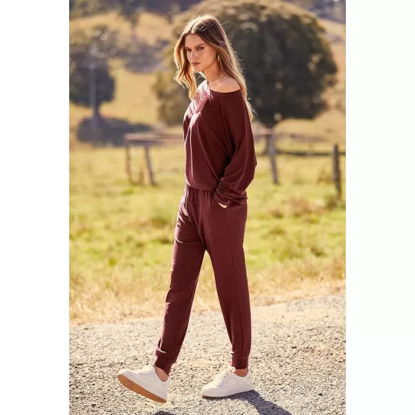 PRETTYGARDEN Womens Fashion Outfits 2 Piece Sweatsuit Solid Color Long Sleeve Pullover Long PantsBrown Red