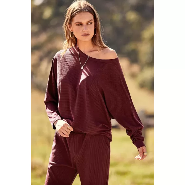 PRETTYGARDEN Womens Fashion Outfits 2 Piece Sweatsuit Solid Color Long Sleeve Pullover Long PantsBrown Red