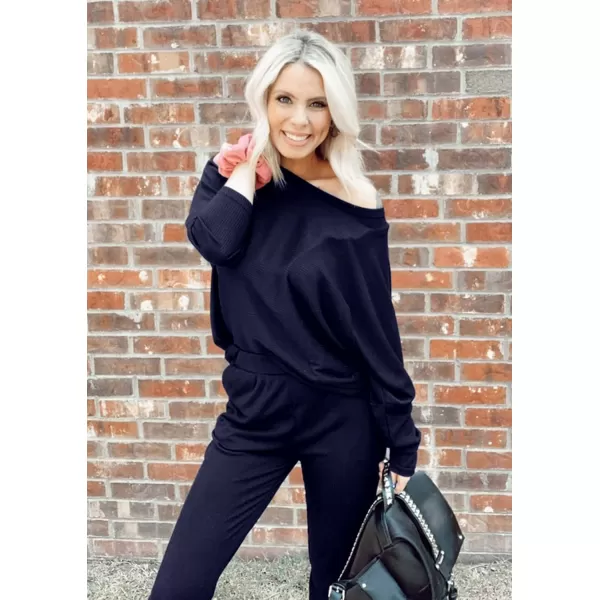 PRETTYGARDEN Womens Fashion Outfits 2 Piece Sweatsuit Solid Color Long Sleeve Pullover Long PantsDark Blue