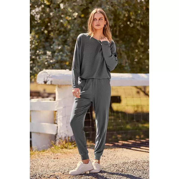 PRETTYGARDEN Womens Fashion Outfits 2 Piece Sweatsuit Solid Color Long Sleeve Pullover Long PantsDark Grey