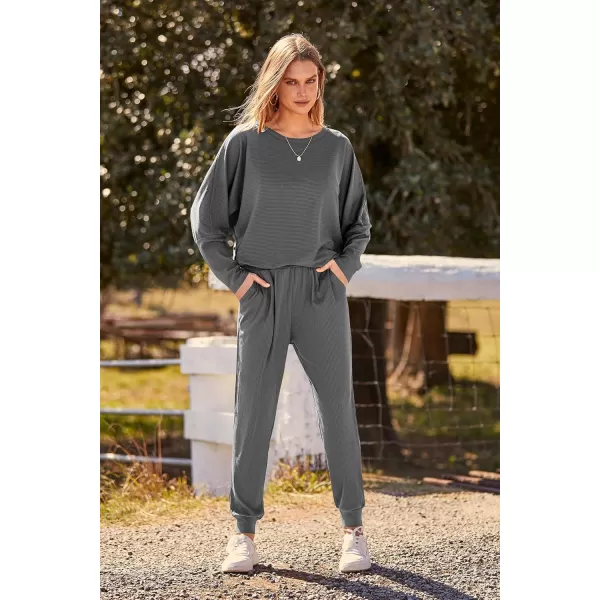 PRETTYGARDEN Womens Fashion Outfits 2 Piece Sweatsuit Solid Color Long Sleeve Pullover Long PantsDark Grey