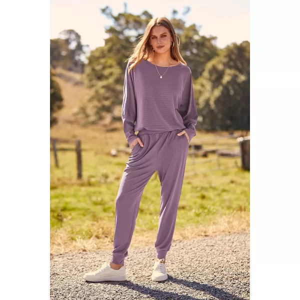 PRETTYGARDEN Womens Fashion Outfits 2 Piece Sweatsuit Solid Color Long Sleeve Pullover Long PantsDeep Purple