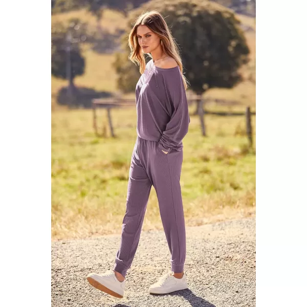 PRETTYGARDEN Womens Fashion Outfits 2 Piece Sweatsuit Solid Color Long Sleeve Pullover Long PantsDeep Purple
