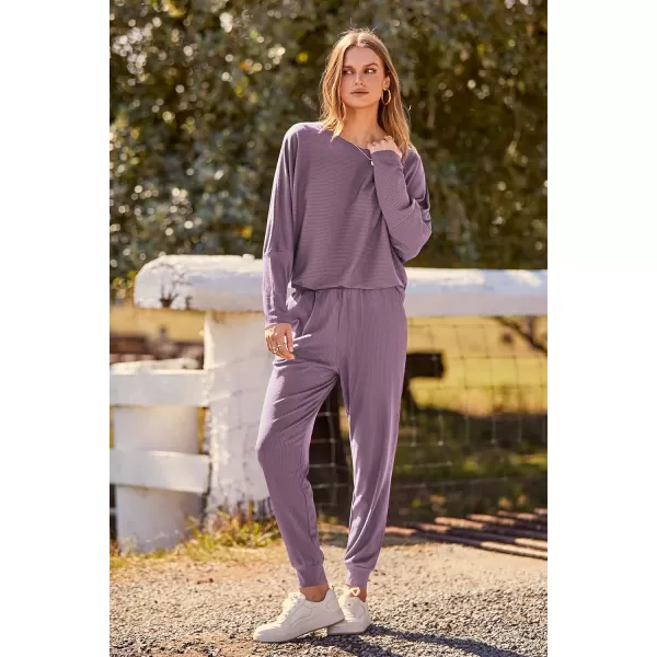 PRETTYGARDEN Womens Fashion Outfits 2 Piece Sweatsuit Solid Color Long Sleeve Pullover Long PantsDeep Purple
