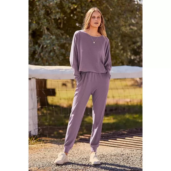 PRETTYGARDEN Womens Fashion Outfits 2 Piece Sweatsuit Solid Color Long Sleeve Pullover Long PantsDeep Purple