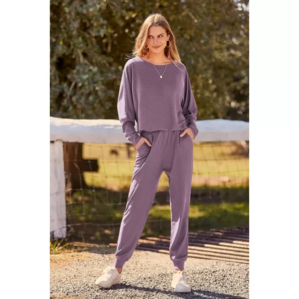PRETTYGARDEN Womens Fashion Outfits 2 Piece Sweatsuit Solid Color Long Sleeve Pullover Long PantsDeep Purple