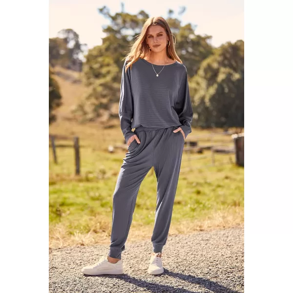 PRETTYGARDEN Womens Fashion Outfits 2 Piece Sweatsuit Solid Color Long Sleeve Pullover Long PantsGrey Blue