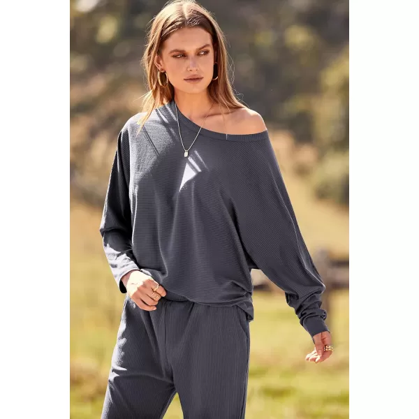 PRETTYGARDEN Womens Fashion Outfits 2 Piece Sweatsuit Solid Color Long Sleeve Pullover Long PantsGrey Blue