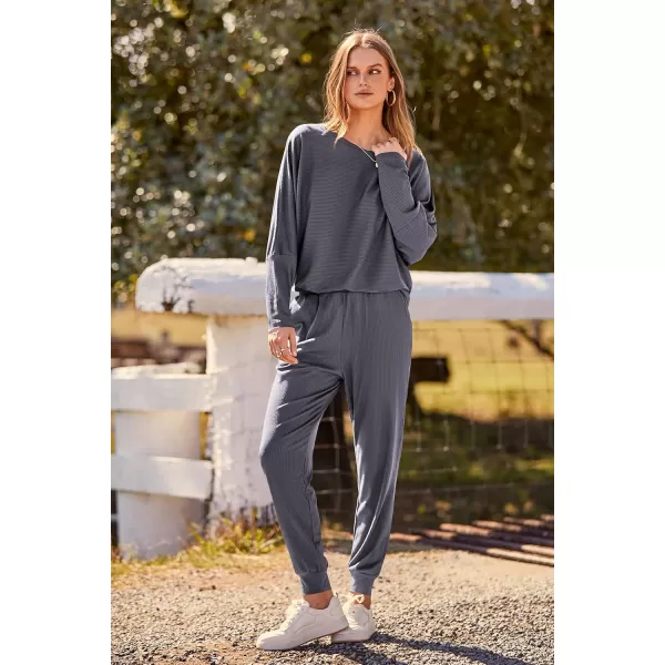 PRETTYGARDEN Womens Fashion Outfits 2 Piece Sweatsuit Solid Color Long Sleeve Pullover Long PantsGrey Blue