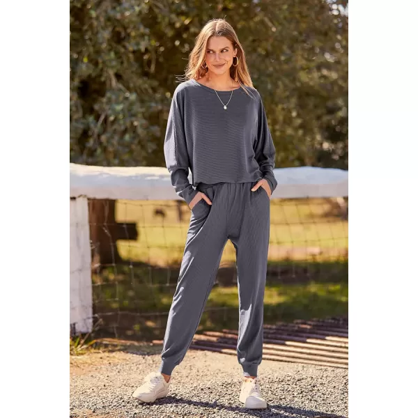 PRETTYGARDEN Womens Fashion Outfits 2 Piece Sweatsuit Solid Color Long Sleeve Pullover Long PantsGrey Blue