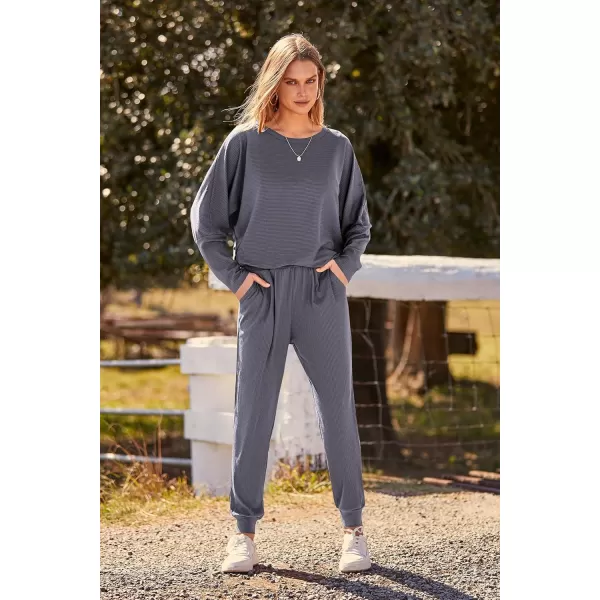 PRETTYGARDEN Womens Fashion Outfits 2 Piece Sweatsuit Solid Color Long Sleeve Pullover Long PantsGrey Blue