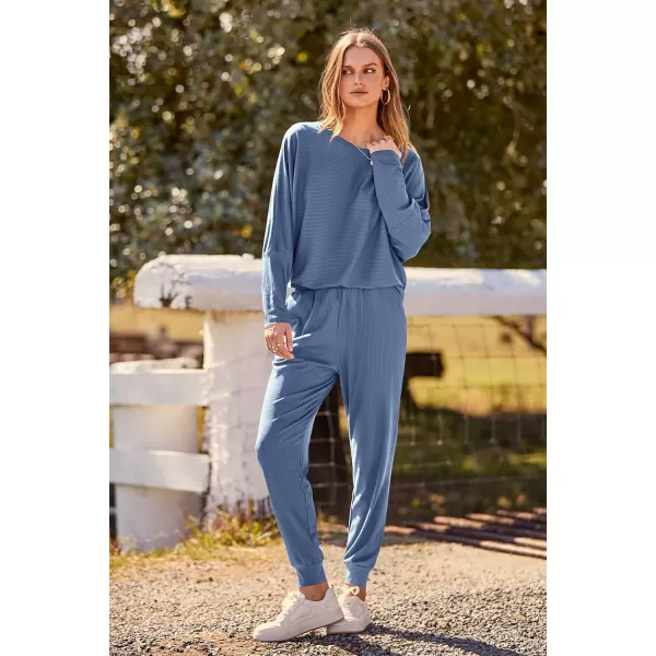 PRETTYGARDEN Womens Fashion Outfits 2 Piece Sweatsuit Solid Color Long Sleeve Pullover Long PantsLight Blue