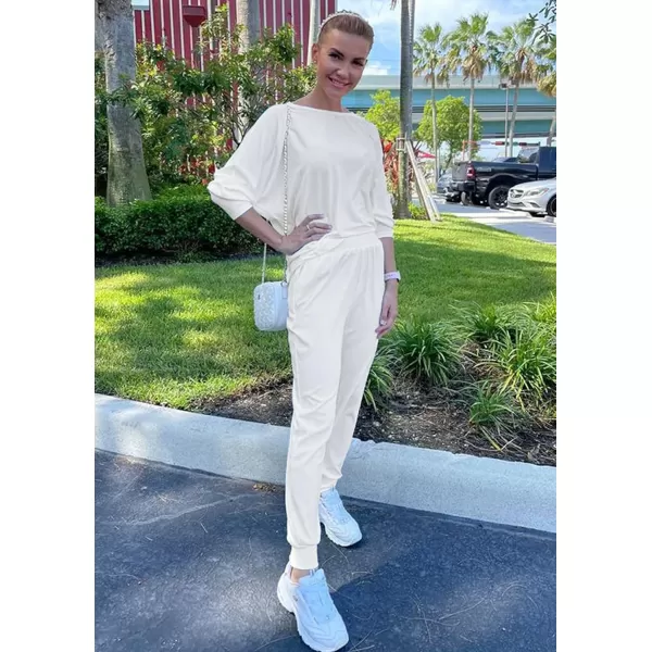 PRETTYGARDEN Womens Fashion Outfits 2 Piece Sweatsuit Solid Color Long Sleeve Pullover Long PantsOffwhite