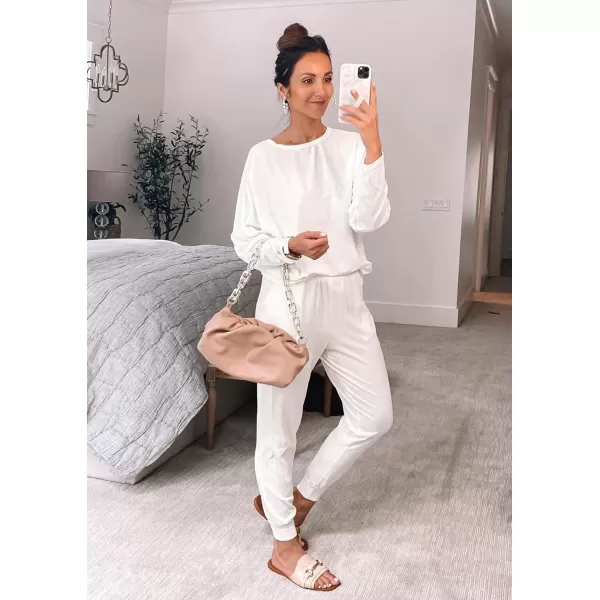 PRETTYGARDEN Womens Fashion Outfits 2 Piece Sweatsuit Solid Color Long Sleeve Pullover Long PantsOffwhite