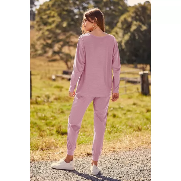 PRETTYGARDEN Womens Fashion Outfits 2 Piece Sweatsuit Solid Color Long Sleeve Pullover Long PantsPink