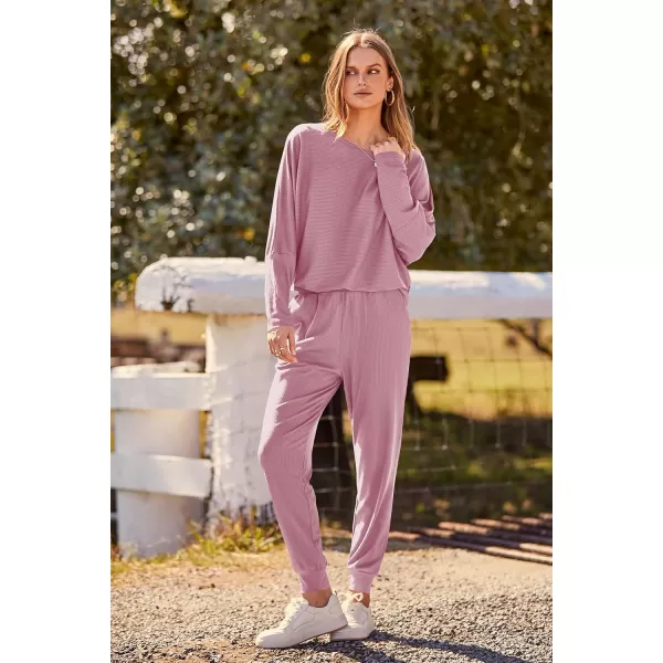 PRETTYGARDEN Womens Fashion Outfits 2 Piece Sweatsuit Solid Color Long Sleeve Pullover Long PantsPink