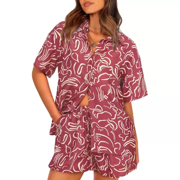 PRETTYGARDEN Women Summer 2 Piece Beach Outfits Printed Short Sleeve Tops Lounge Shorts Casual Tracksuit SetBrown Red