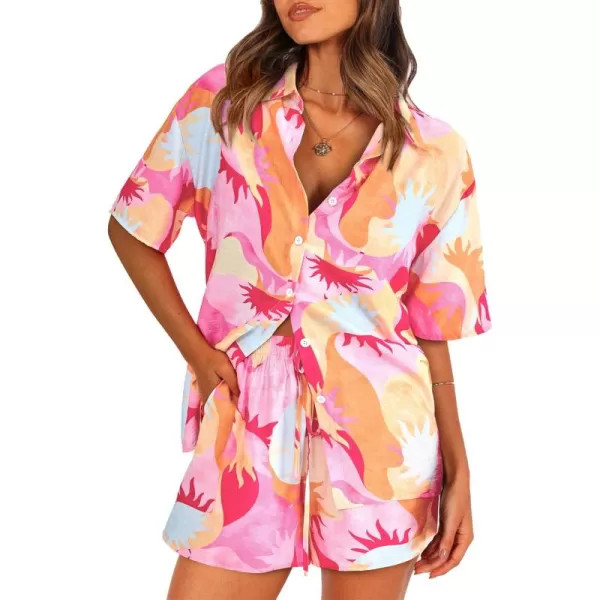 PRETTYGARDEN Women Summer 2 Piece Beach Outfits Printed Short Sleeve Tops Lounge Shorts Casual Tracksuit SetPink