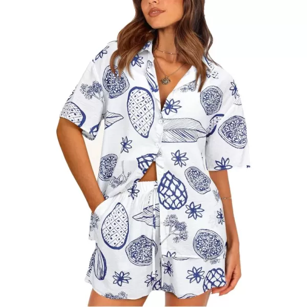 PRETTYGARDEN Women Summer 2 Piece Beach Outfits Printed Short Sleeve Tops Lounge Shorts Casual Tracksuit SetWhite Blue