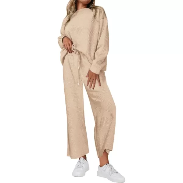PRETTYGARDEN Womens 2 Piece Outfits Fall Casual Long Sleeve Pullover Tops and Wide Leg Pants Knitted Lounge SetsApricot