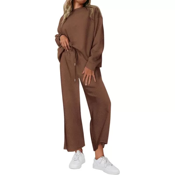 PRETTYGARDEN Womens 2 Piece Outfits Fall Casual Long Sleeve Pullover Tops and Wide Leg Pants Knitted Lounge SetsBrown