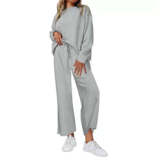 PRETTYGARDEN Womens 2 Piece Outfits Fall Casual Long Sleeve Pullover Tops and Wide Leg Pants Knitted Lounge SetsLight Grey
