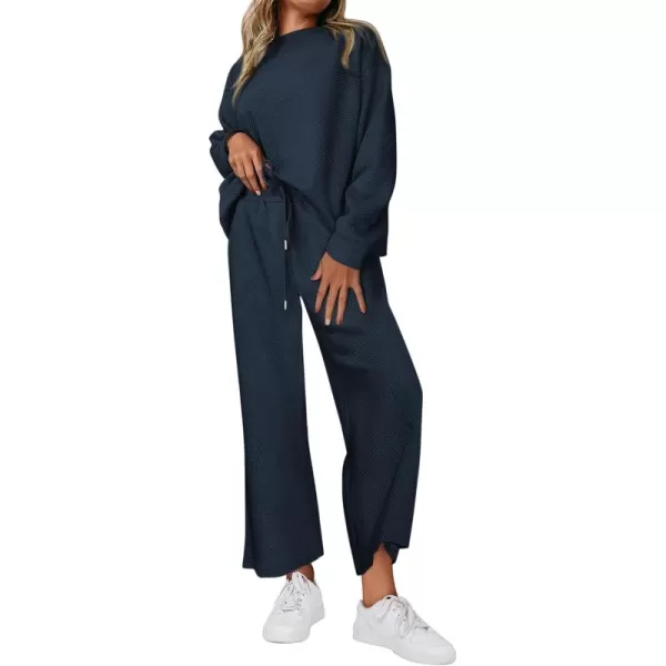 PRETTYGARDEN Womens 2 Piece Outfits Fall Casual Long Sleeve Pullover Tops and Wide Leg Pants Knitted Lounge SetsNavy