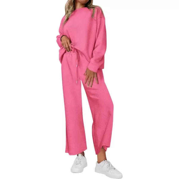 PRETTYGARDEN Womens 2 Piece Outfits Fall Casual Long Sleeve Pullover Tops and Wide Leg Pants Knitted Lounge SetsPink
