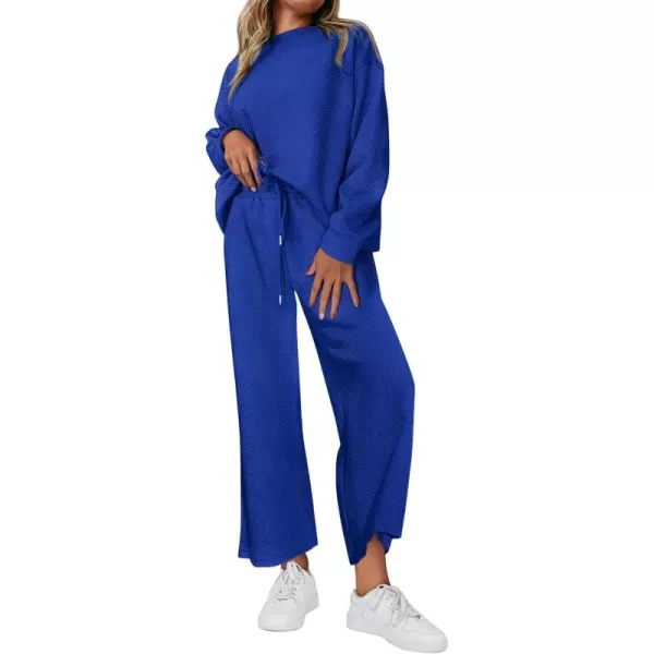 PRETTYGARDEN Womens 2 Piece Outfits Fall Casual Long Sleeve Pullover Tops and Wide Leg Pants Knitted Lounge SetsRoyal Blue